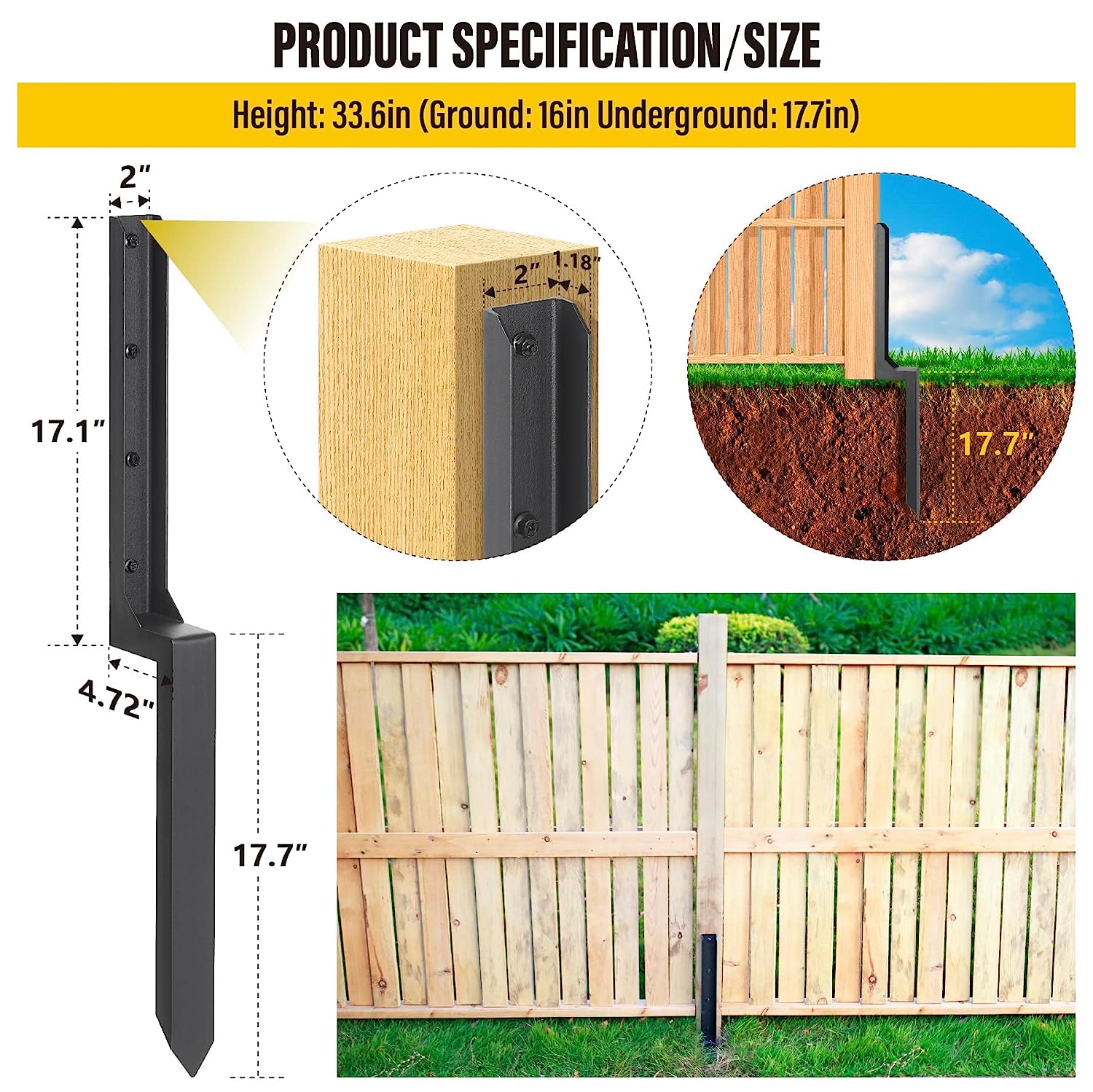 2mm Thickness Steel Fence Post Repair Stakes Anchor Ground Spike for Wood Post Repair