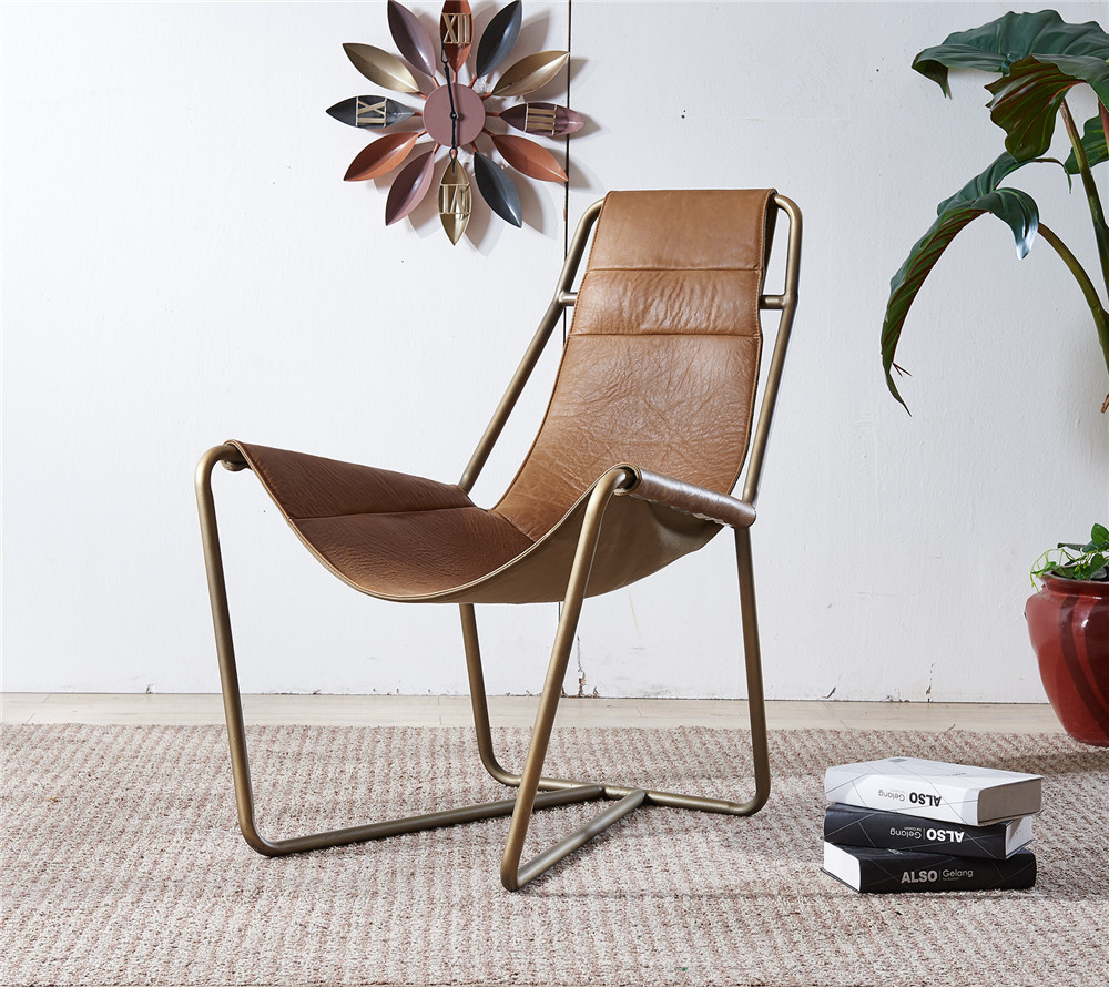 Metal Base Brown Leather Reading Chair , Leather Easy Chair Recliner Top Grain Leather