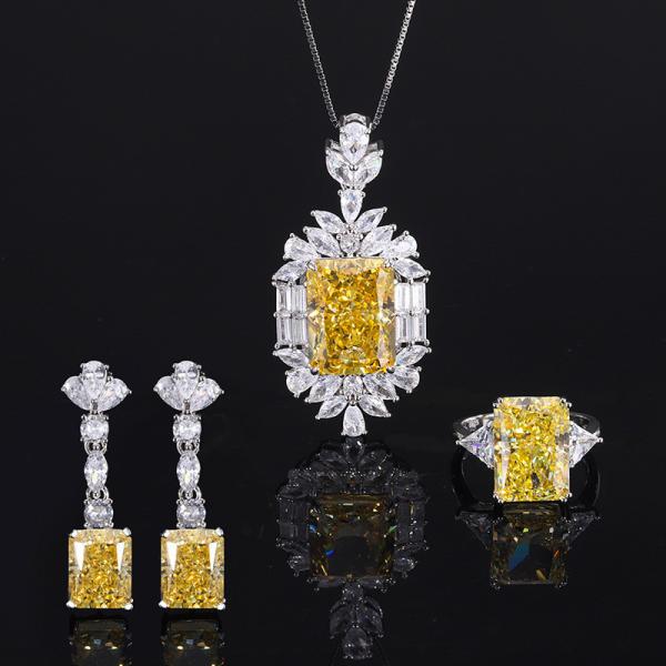 925 Sterling Silver Jewelry Set Radiant Cut Created Yellow Diamond Pendant Ring