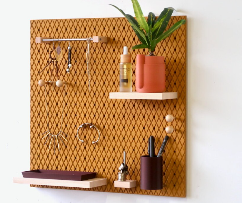 Pegboard 48x48 cm - wooden Wall Shelf - Decorative and Practical Storage - Mustard Yellow