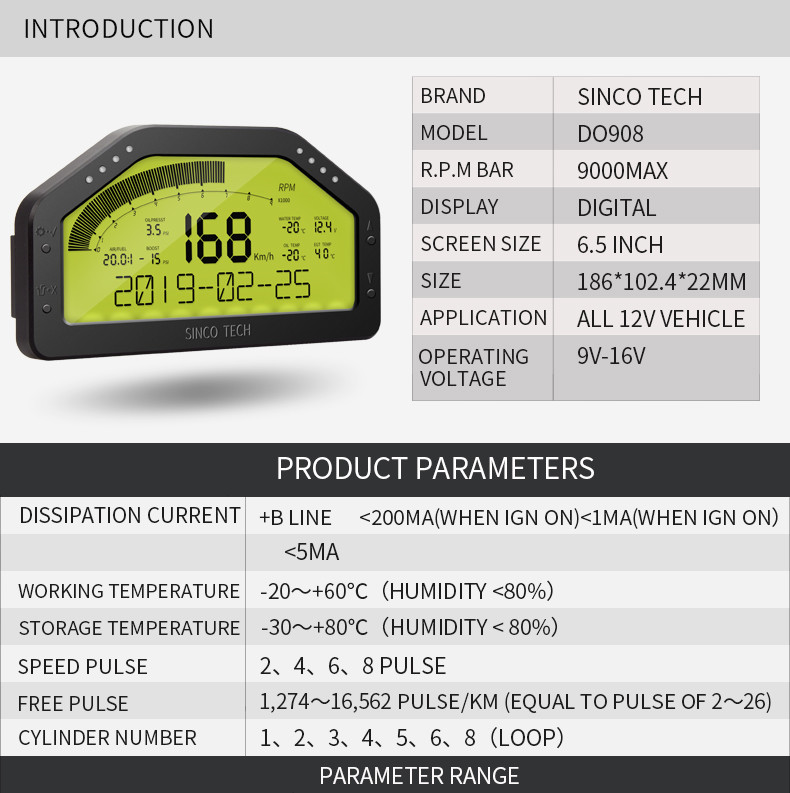 DO908 Dashboard ABS 16V DC 6.5 Inch Race Car Gauges