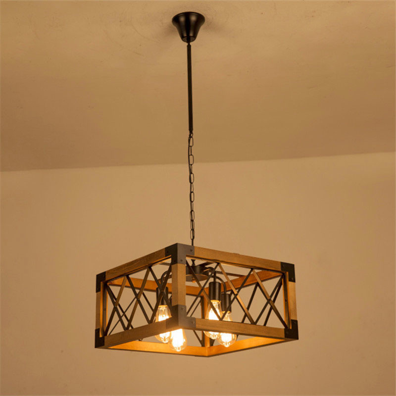 Vintage Loft Wooden Chandelier Retro Industrial Living Room Bedroom Lamp Dining Room Square pendant lamp(WH-VP-237)