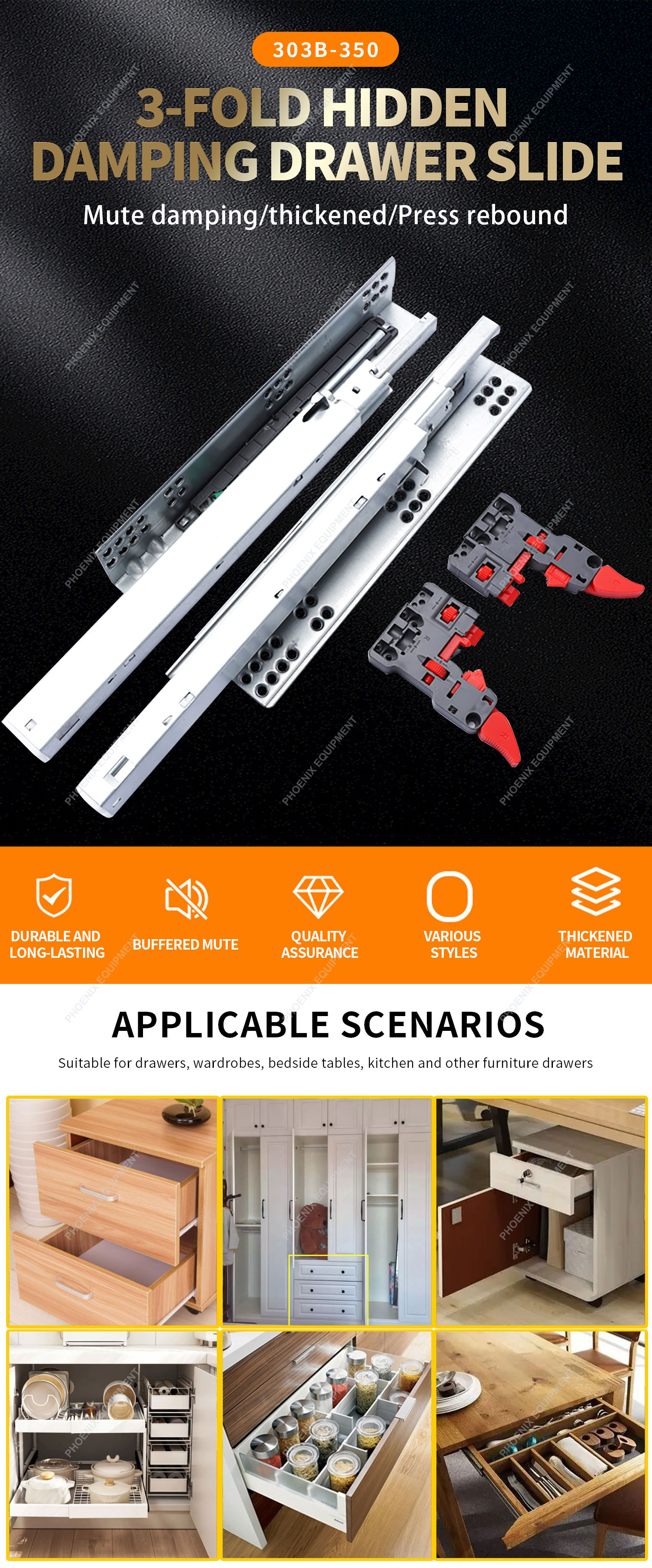 Mail Packing Y Hardware Accessories Three Section Full Pull-out Track Drawer Slides