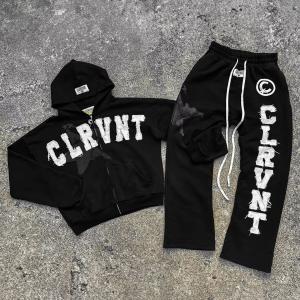 Wholesale Autumn Mens Streetwear Sweatsuits Two Piece Track Set Applique Distressing Embroidery from china suppliers