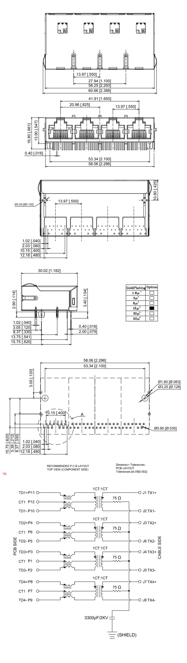 Side Entry Rj45 Female Connector 4 Ports Through Hole Mounting Type
