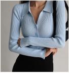 Lapel Slim Top Women′s Hollowed out Button Sexy V-Neck Long-Sleeved Polo Neck