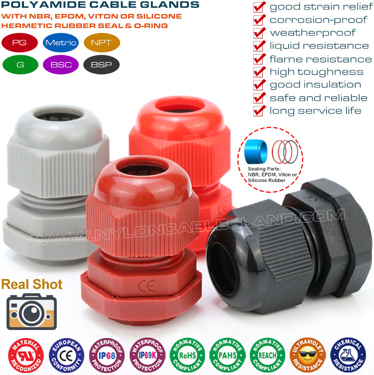 IP68 Synthetic Plastic Metric Cable Glands, IP69K Watertight Polyamide Nylon Cord Grips Glands with Seals & O-rings