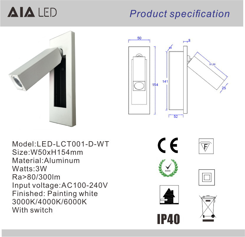 Rotating Recessed mounted bed sides light 3W led bed lighting reading light bed head wall lamp