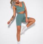 Low Moq Clothing Manufacturer Women 2 Piece Ribbed Seamless Crop Tank High Waist