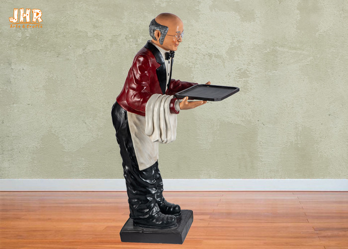 145cm Height Antique Polyresin Statue Figurine Resin Butler Holding A Plastic Tray