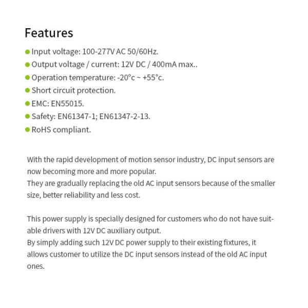 Small Form Factor Built-in 12V DC Power Supply with IP20 Rating for Motion Sensors