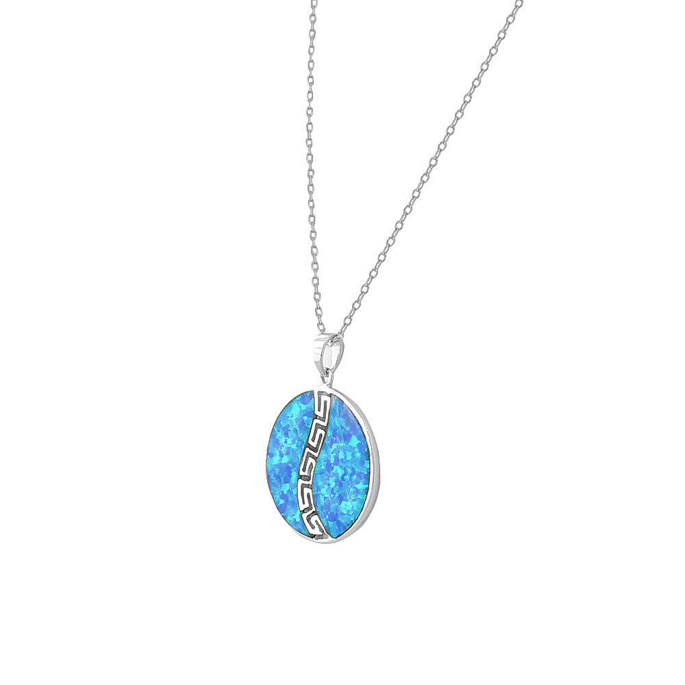 925 Sterling Silver Blue Simulated Opal Greek Key Meander Meandros Spiral Round Pendant Necklace