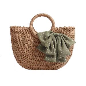 Wholesale Brown Corn Skin Crochet Hand Bag Small With Green Scarf Bow Woven ODM from china suppliers