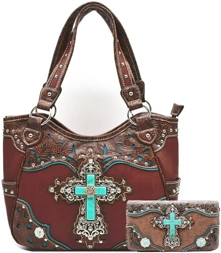 WESTERN STYLE RHINESTONE CROSS STUDDED LASER CUT WINGS TOOLED LEATHER PURSE WOMEN HANDBAGS COUNTRY SHOULDER BAG WALLET S