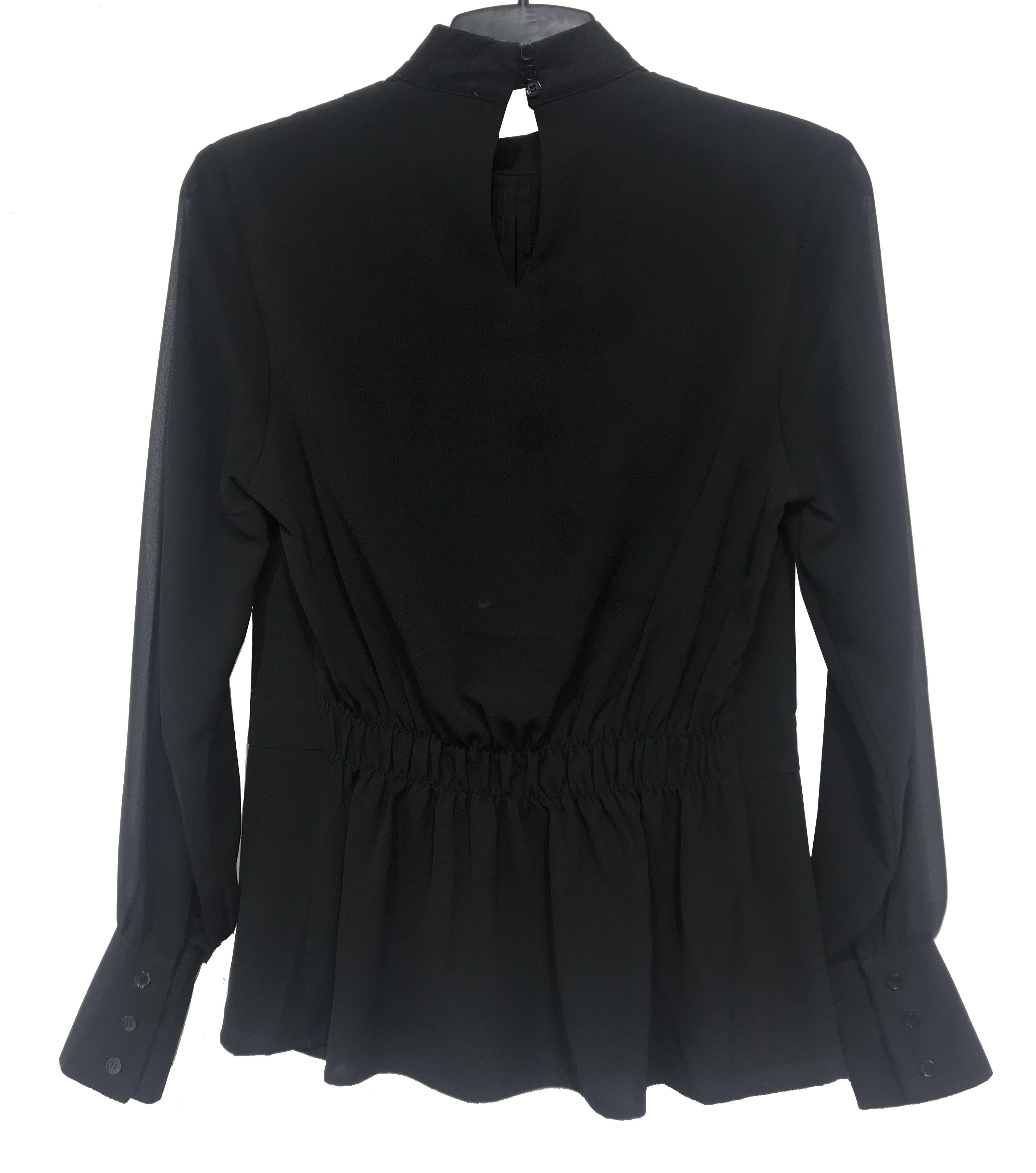 Black Color Long Sleeve Chiffon Shirt / Round Neck Blouse Cotton Material