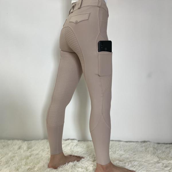 Beige Khaki Children Horse Riding Silicone Grip Full Seat Breeches With Phone