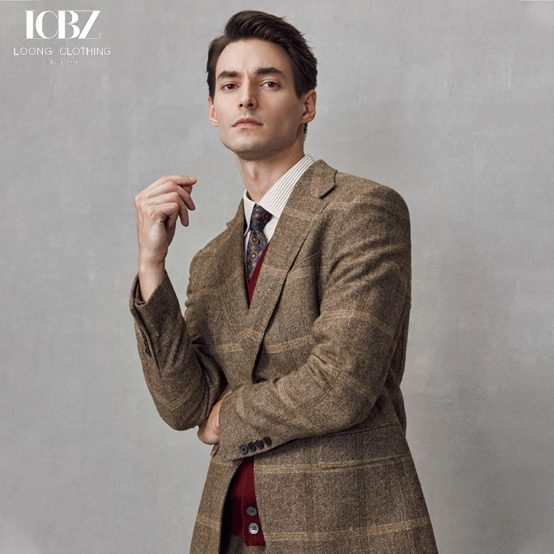 Formal Suit for Men Brown Plaid End Gentleman Business Casual Slim Groom Wedding Dress Blazer