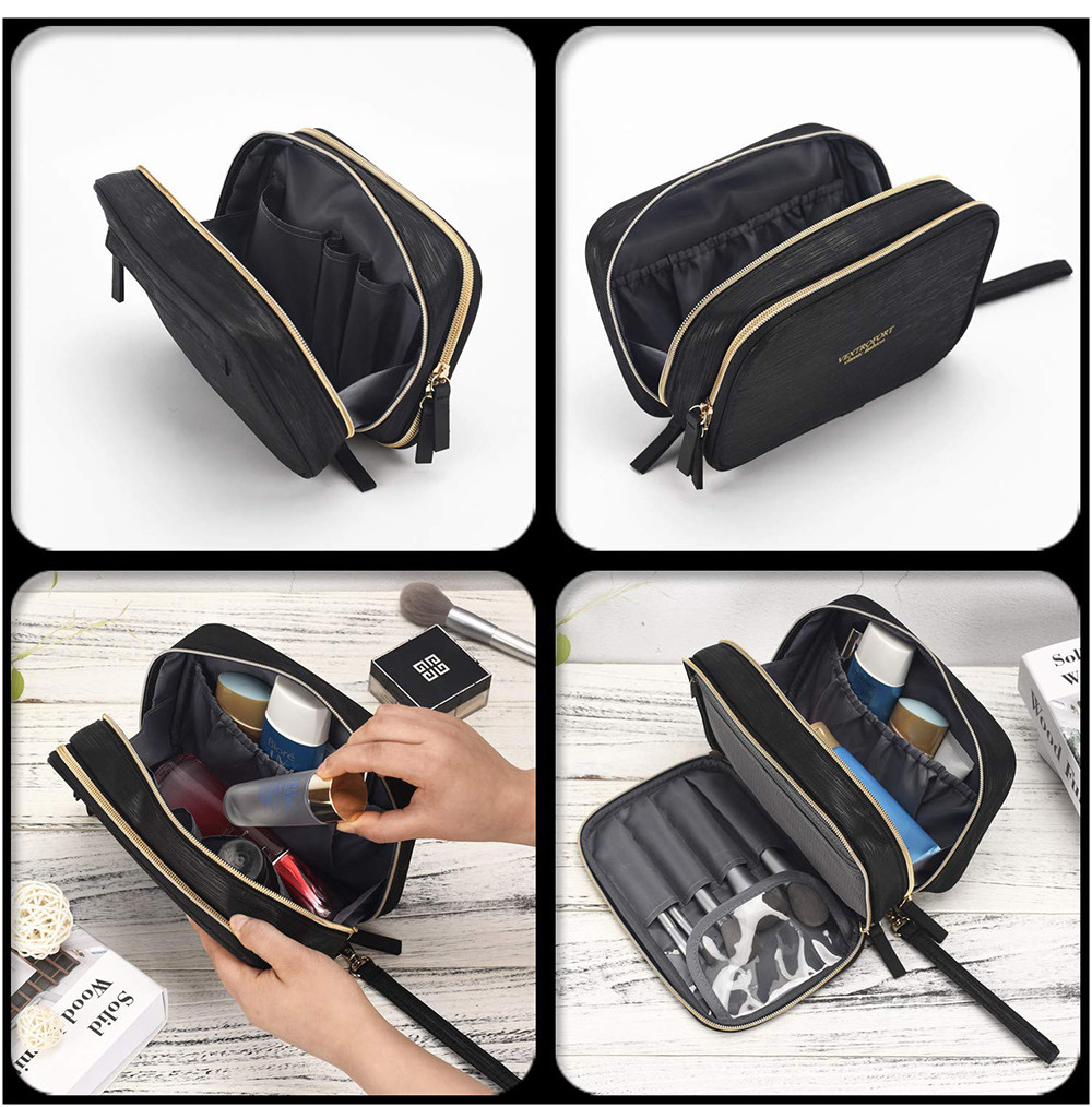 2 Main Compartments Black Polyester Makeup Bag