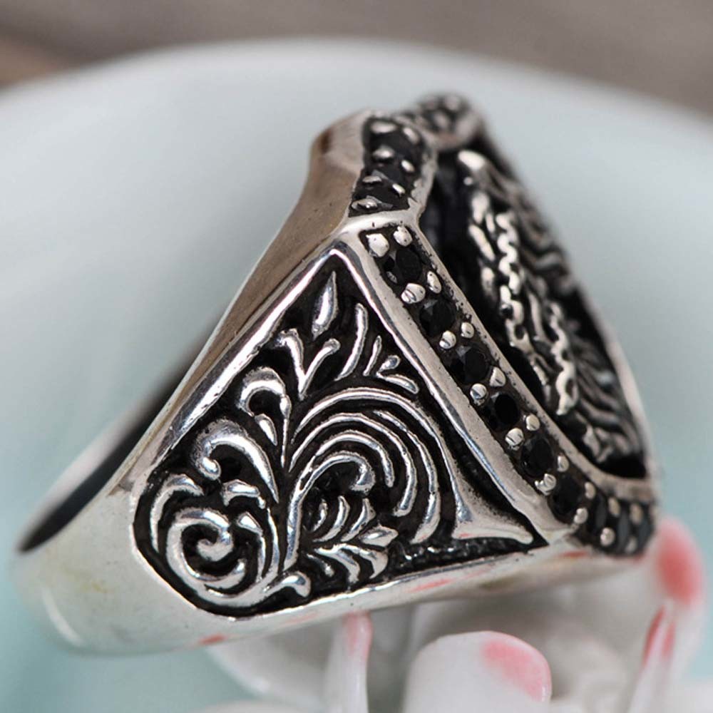 Retro Sterling Silver Engraved Unicorn Pave Black Cubic Zircon Men Ring (043890)
