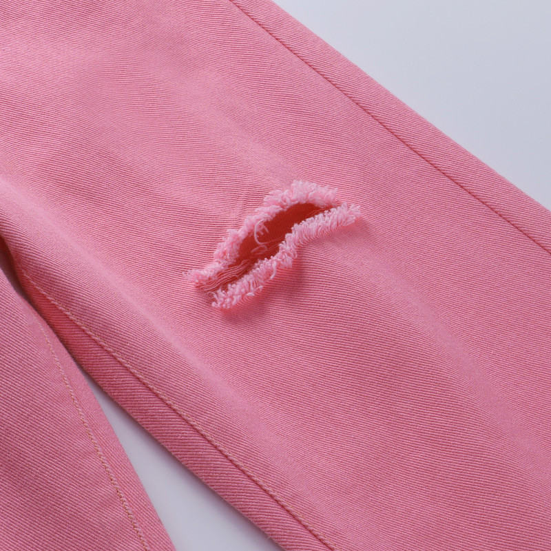 Pink Ripped High Waist Straight Wide Leg Jeans Women