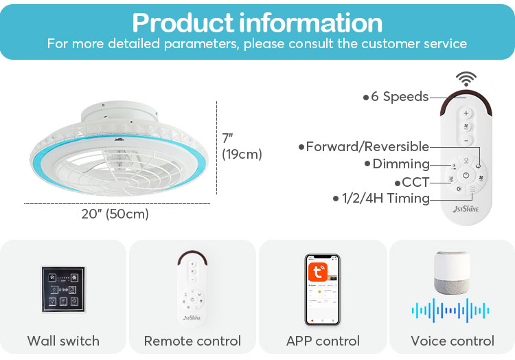 Small 20 Inch Flush Mount LED Ceiling Fan with Light and Color Temperature 3000-6500K