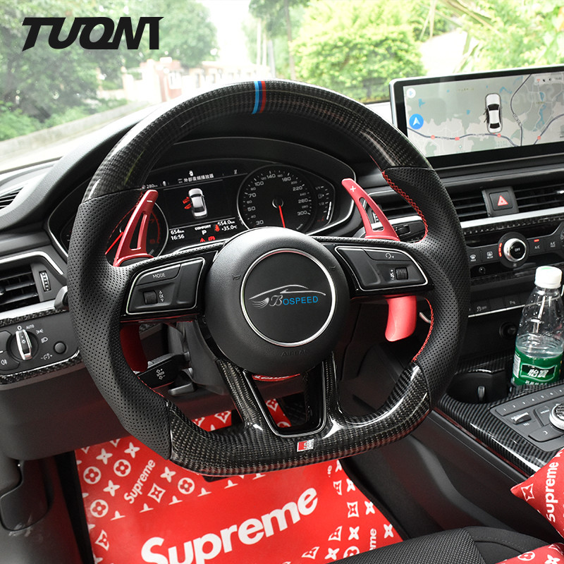 Black Round Led Leather Audi Carbon Fiber Steering Wheel Plain Weave OEM