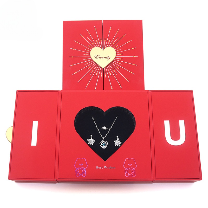 2024 Custom Valentine's Day Gift Packaging Jewelry Red Heart Folding Paper Box Customized Logo
