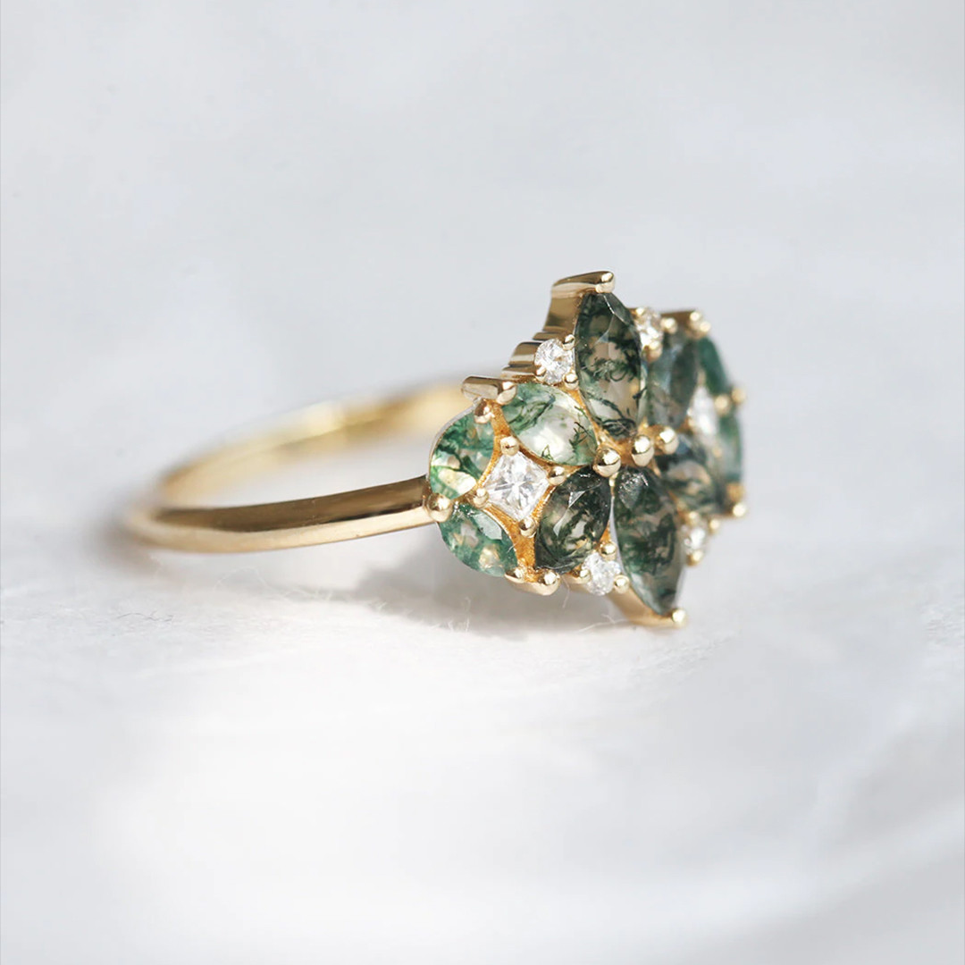 Hexagon Moss Agate Ring with As Gift Engagement Women Ring