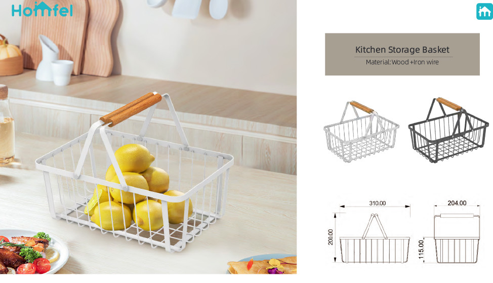 Home Kitchen Decorative White Metal Wire Storage Basket with Wood Handle