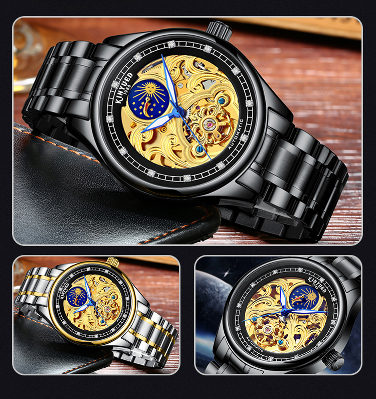 KINYUED popular stainless steel classical automatic luminous hands mens automatic skeleton watch