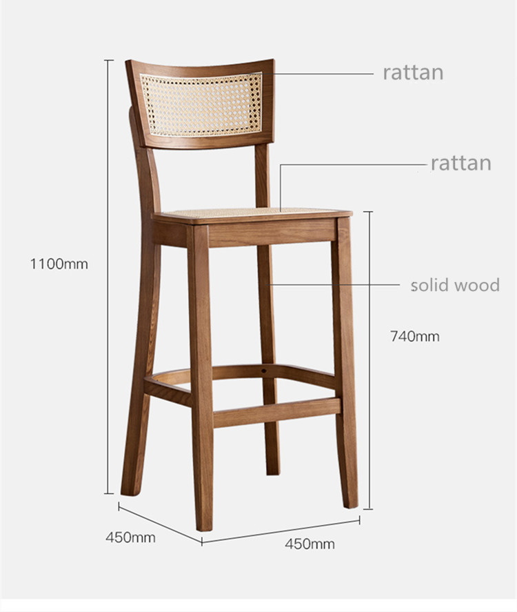 Solid Wooden Cafe Bar Stools Rattan Backrest Minimalist Counter Stools Art Style