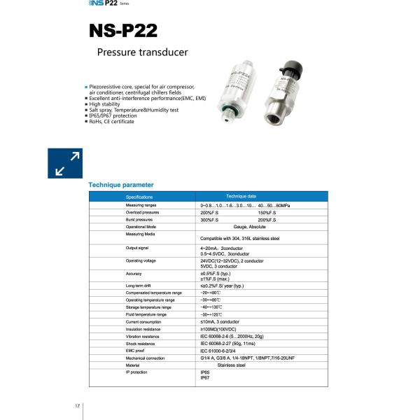 NS-P22 Series Pressure Sensor 4mA To 20mA AC Pressure Transmitter RoHs