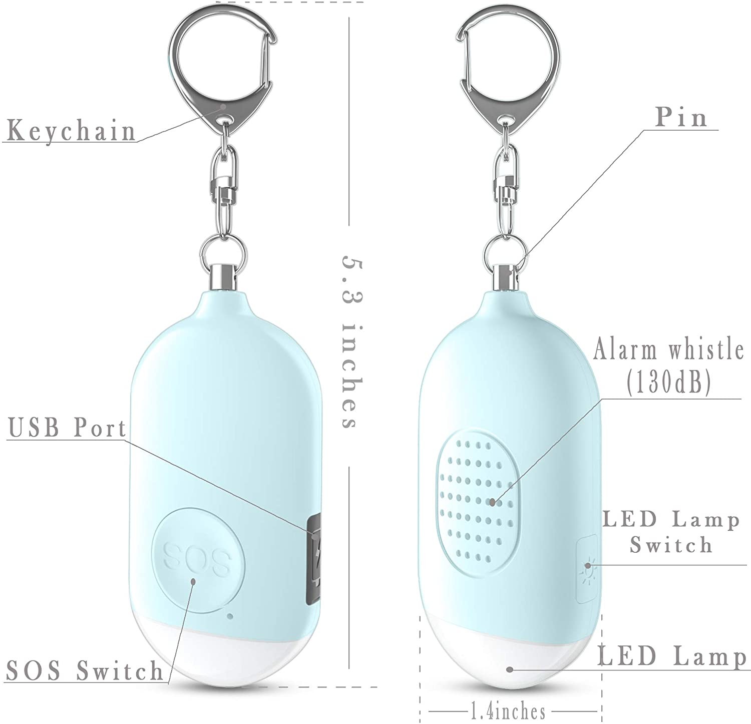 3 Pack Safesound Personal Alarm Siren 130 MAh Flashlight Alarm Keychain With USB Rechargerable
