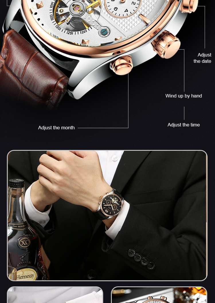 KINYUED Fashion Tourbillon Automatic Movement Mens Automatic Mechanical Watch Genuine Leather Wristwatch
