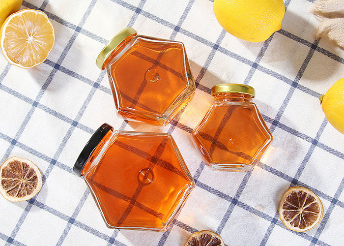250ml-750ml Glass Honey Jars With Lids , Hexagon Glass Jars Clear Color