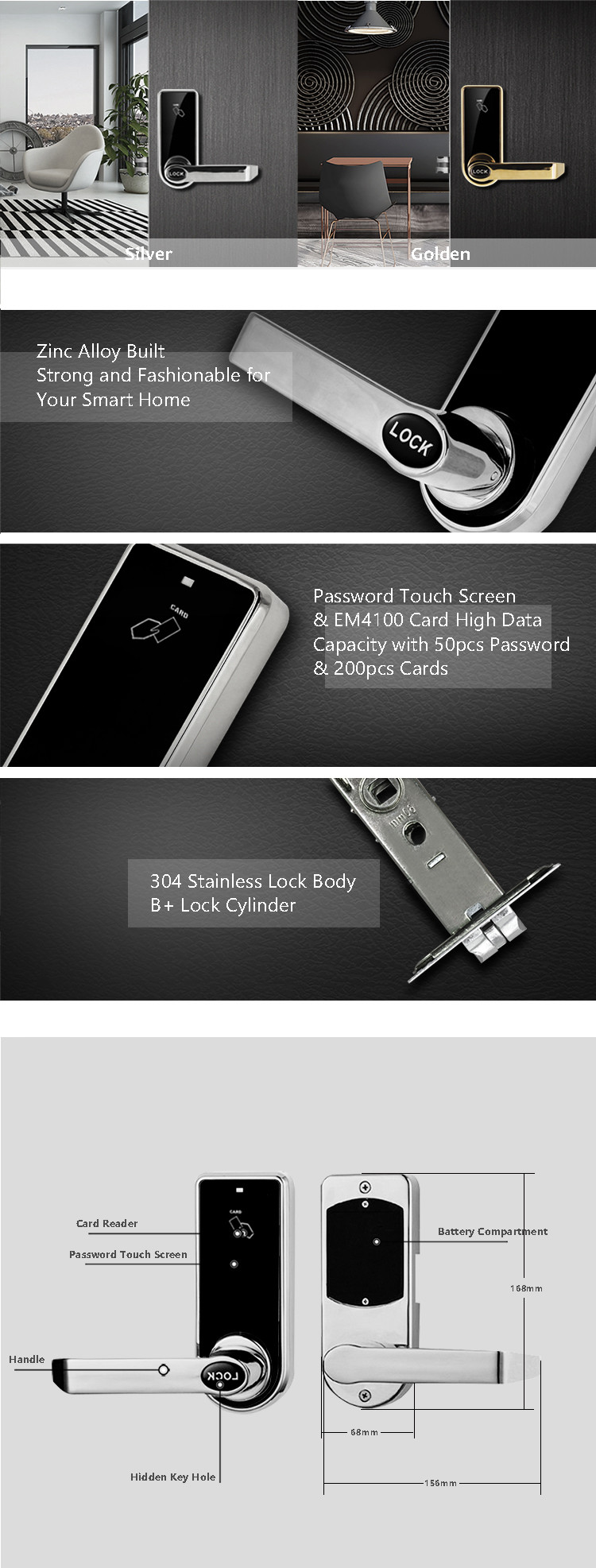 Digital Electronic House Door Locks , Residential Password Door Lock
