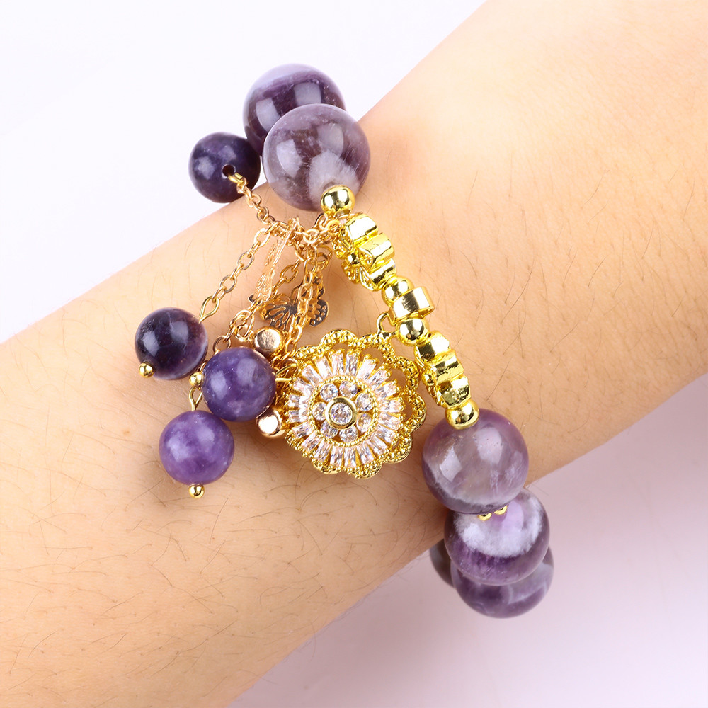 Handmade 12MM Dream Amethyst With Flower Spinner Charm Blessing Crystal Bead Bracelet