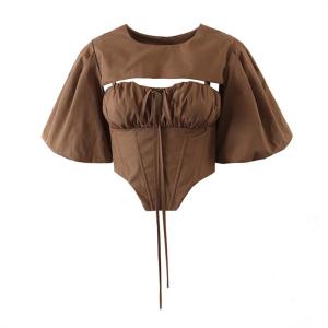 Wholesale Vintage Senior Light Luxury Temperament Sling Suit Dark Brown Fake Two Piece T Shirt from china suppliers