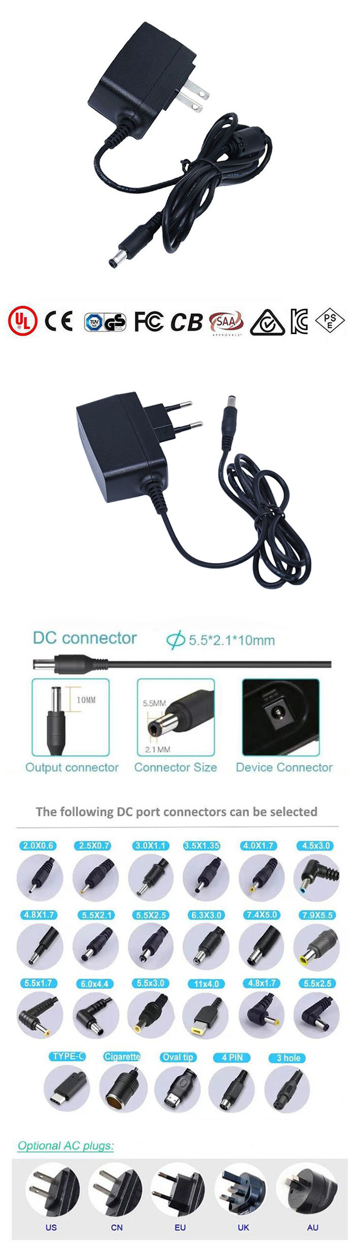 Universal Switching Power Adapter , 9 Volt 600MA Power Supply Wall Plug