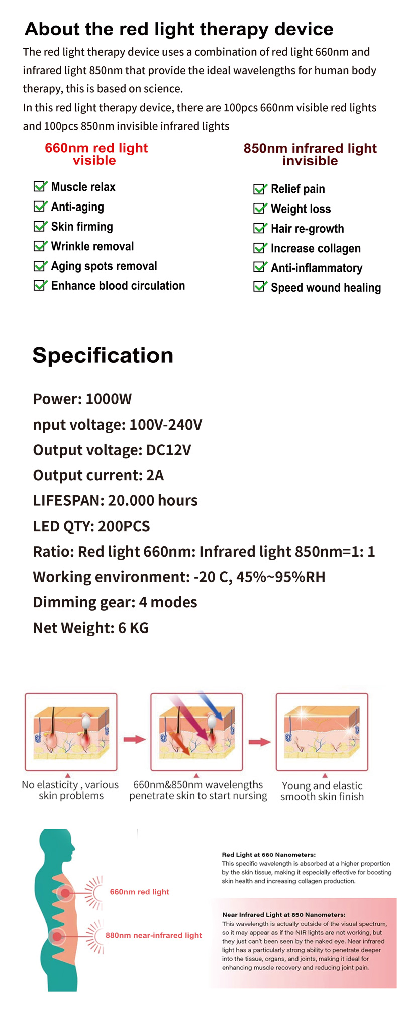 Near Infrared Led Red Light Therapy Panel 1000w 100V 660nm 850nm