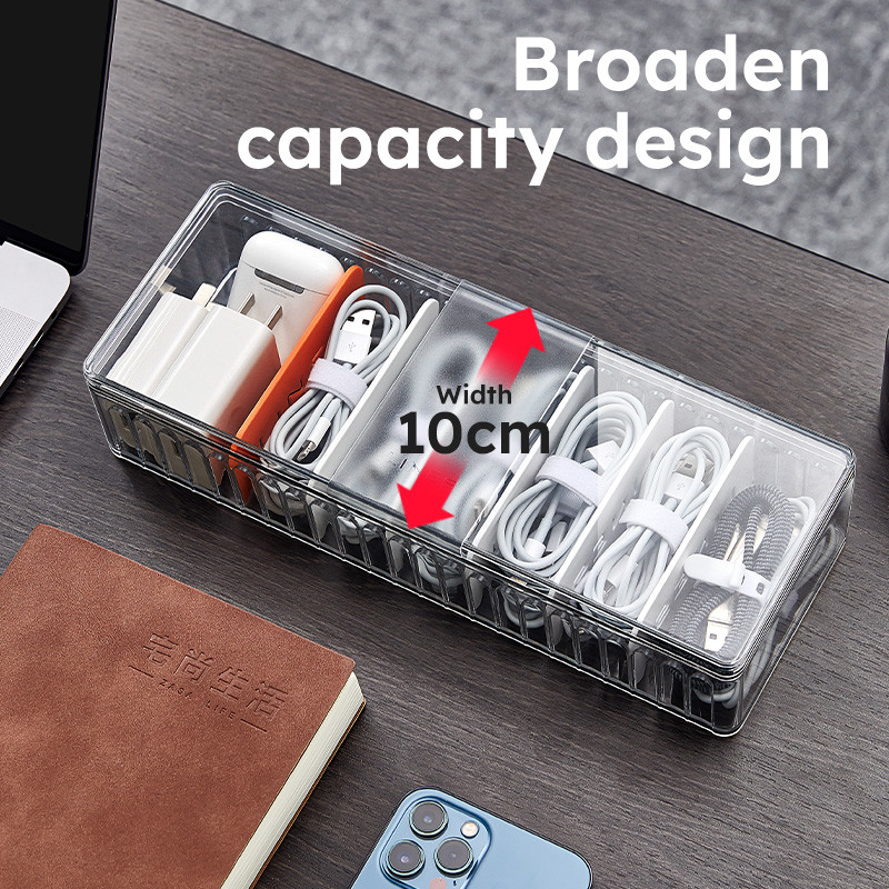 8 Grids Clear Transparent Plastic Desk Cable Organizer Space Saving Durable Cable Storage Box Set for Desktop TV Storage