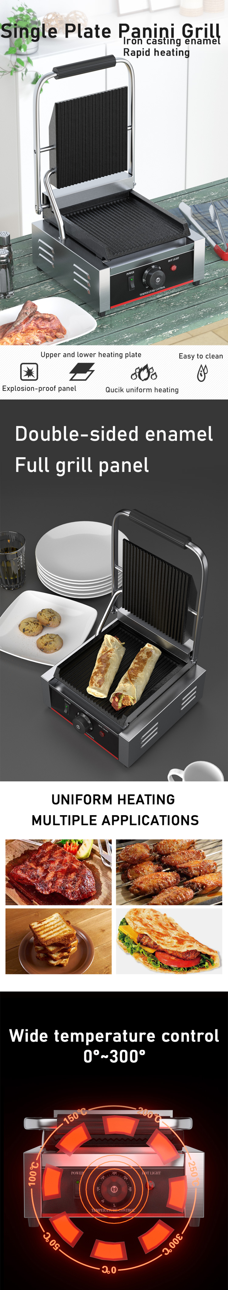 22x22 Electric Panini Grill Stainless Steel Single Contact Sandwich Press Commercial Grill