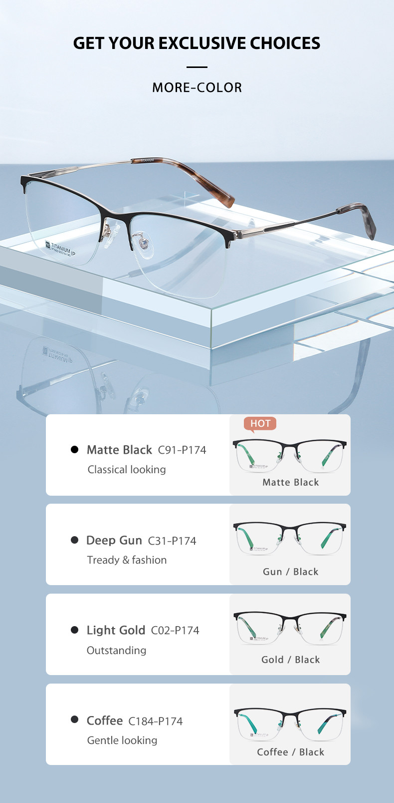 Half Rim Titanium Frame Glasses Unisex For Computer Reading Gaming