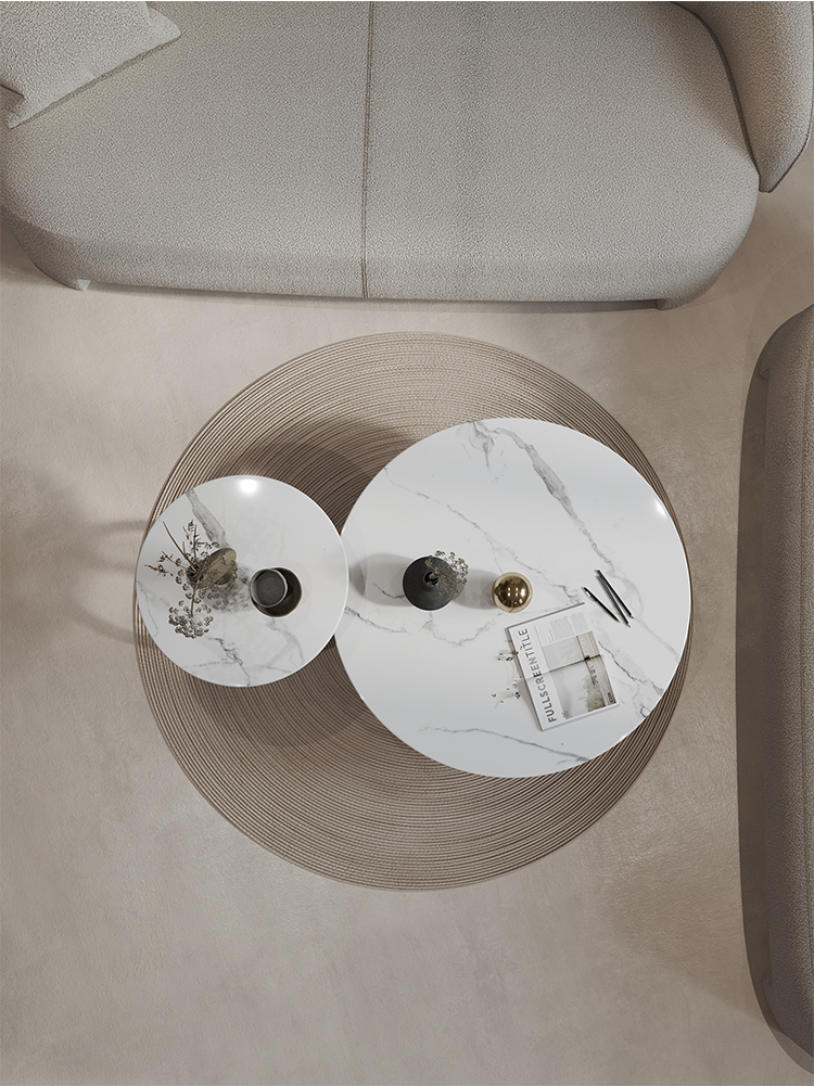 Circular Living Room Coffee Table Marble White Counter Top Black Base
