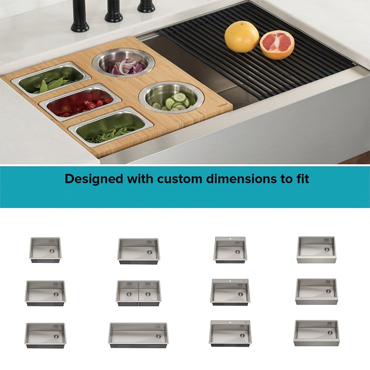 Workstation Composite Bamboo Cutting Board Set with Rectangular Stainless Steel Bowls