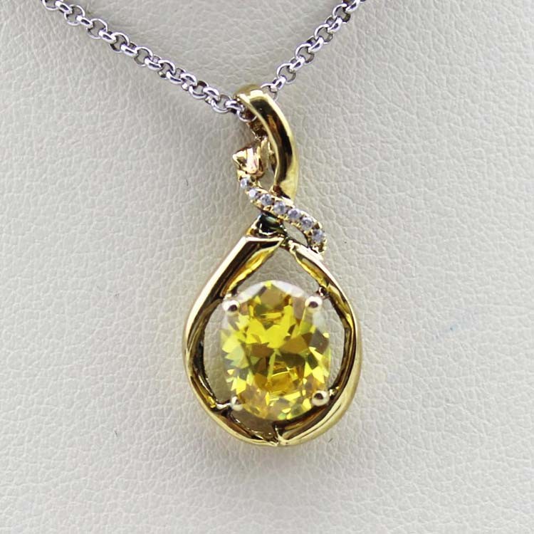 Yellow Gold Plated Silver Oval Yellow Citrine Cubic Zircon Pendant (PSJ0410)