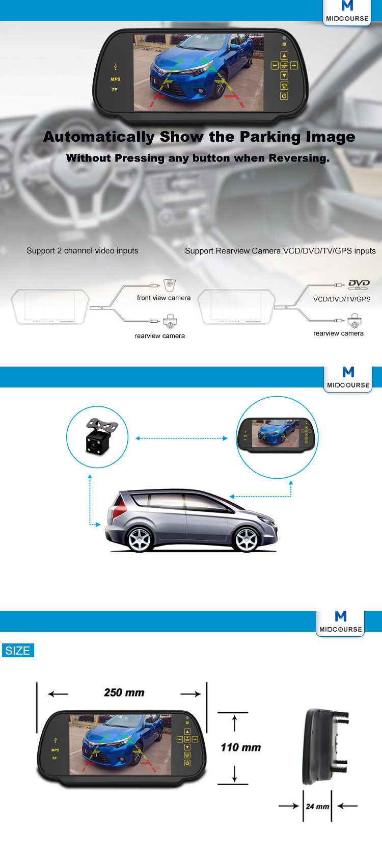 Anti-glaring Glass rear view mirror with 7 inch display/ reversing camera