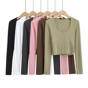 Wholesale OEM maufactory U Collar Long Sleeved T Shirt Female 22 Autumn Polyester Hot Girl from china suppliers