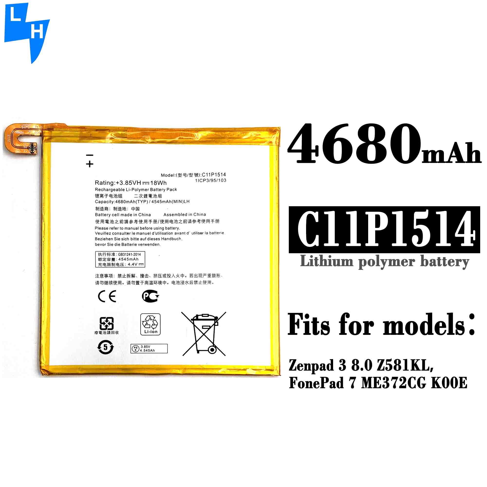 C11P1514 Rechargeable Battery Pack for ASUS ZenPad 3 8.0 ZT581KL 4545 4680mAh 3.85V