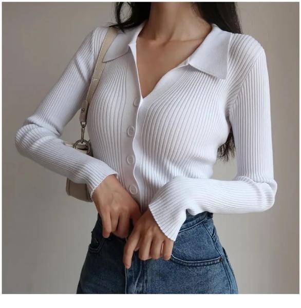 Lapel Slim Top Women′s Hollowed out Button Sexy V-Neck Long-Sleeved Polo Neck